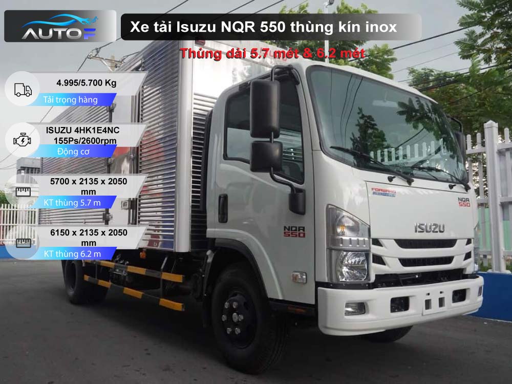 Xe tải Isuzu NQR 550 thùng kín inox (5T và 5.7T) dài 5.7 mét và 6.2 mét